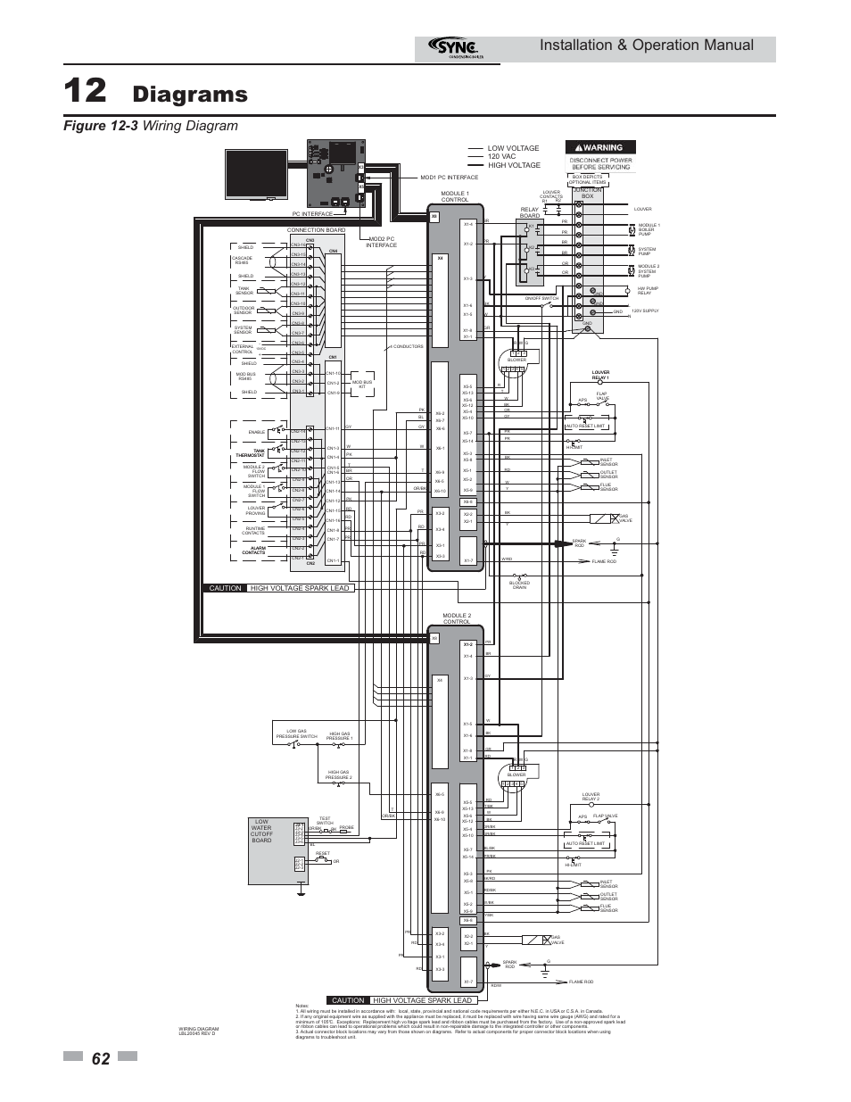 Diagrams, Installation & operation manual, Figure 12-3 wiring diagram | Caution high voltage spark lead | Lochinvar SYNC 1.0 User Manual | Page 62 / 64