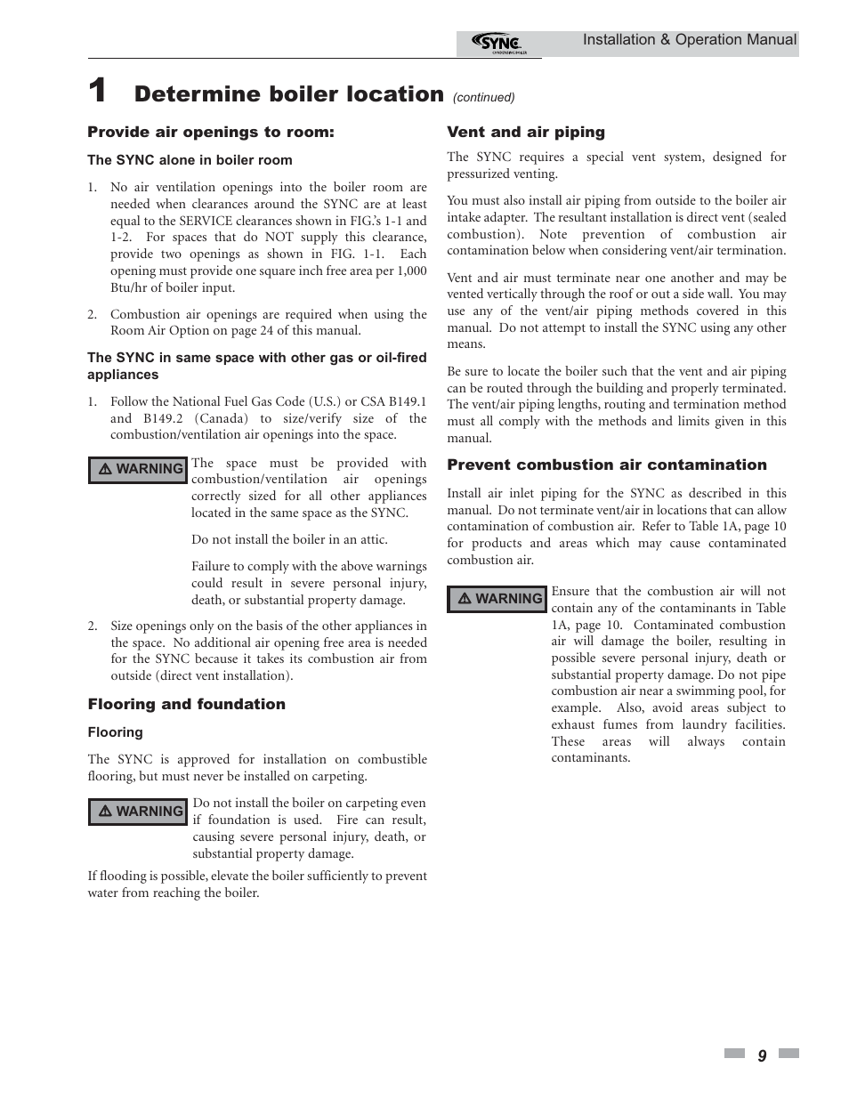 Determine boiler location | Lochinvar SYNC 1.0 User Manual | Page 9 / 64