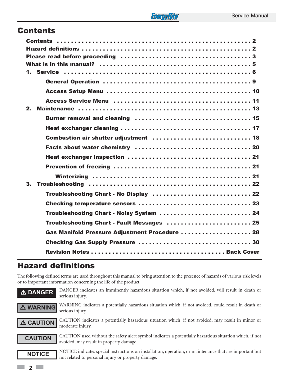 Contents hazard definitions | Lochinvar EnergyRite ER152 User Manual | Page 2 / 32