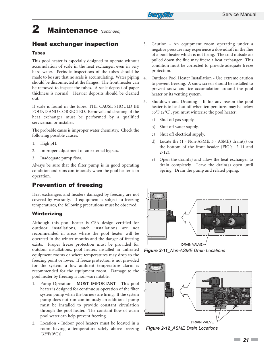 Maintenance, Heat exchanger inspection, Prevention of freezing | Lochinvar EnergyRite ER152 User Manual | Page 21 / 32