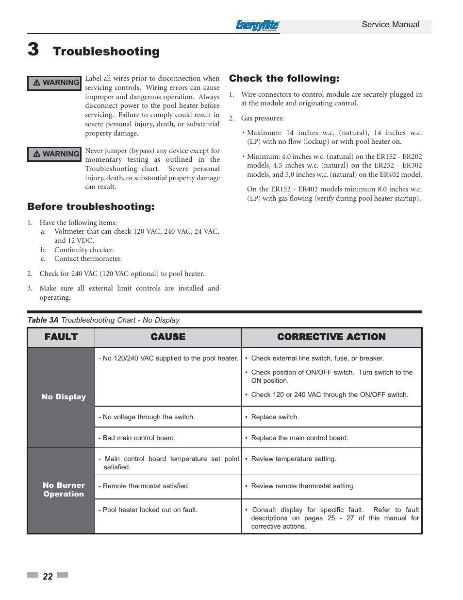 Troubleshooting, Before troubleshooting, Check the following | Lochinvar EnergyRite ER152 User Manual | Page 22 / 32