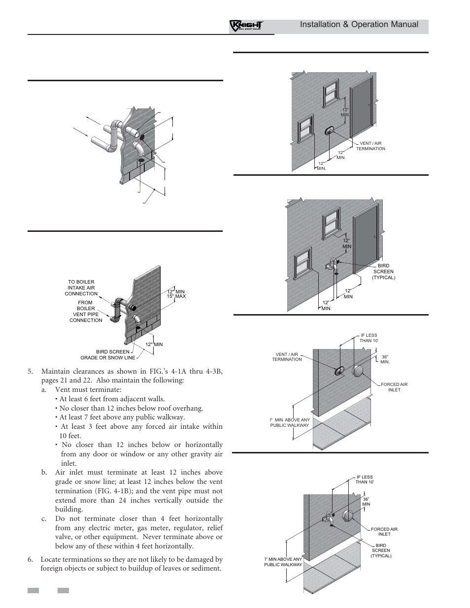 Sidewall direct venting, Vent/air termination – sidewall, Installation & operation manual | Figure 4-2a clearance to gravity air inlets | Lochinvar KNIGHT WH 55 - 399 User Manual | Page 22 / 80