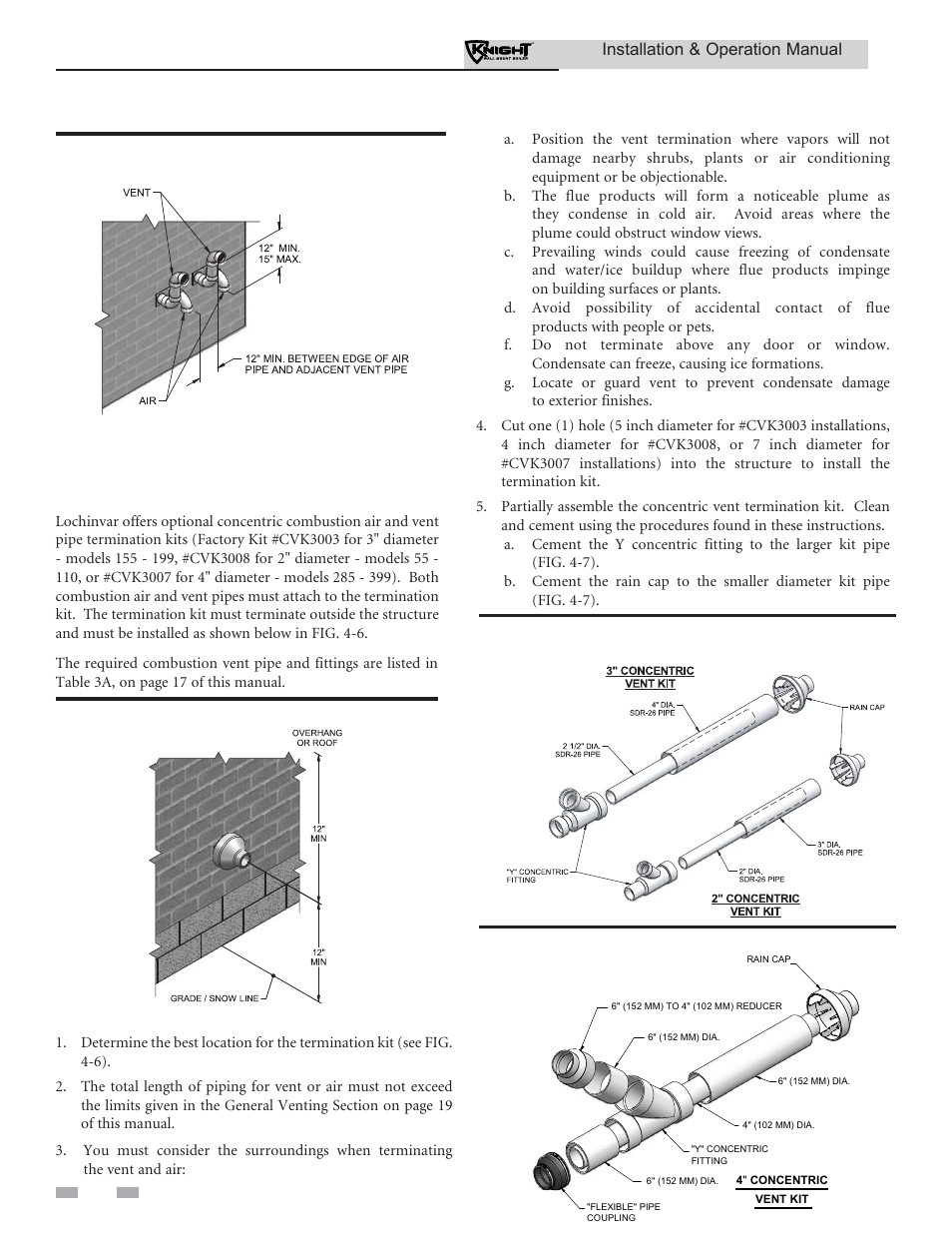 Sidewall direct venting, Sidewall termination – optional concentric vent | Lochinvar KNIGHT WH 55 - 399 User Manual | Page 24 / 80