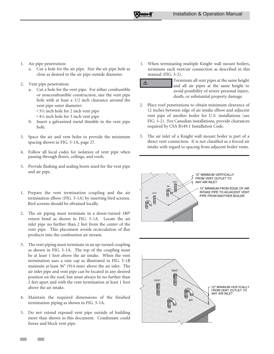 Vertical direct venting, Vent/air termination – vertical | Lochinvar KNIGHT WH 55 - 399 User Manual | Page 28 / 80