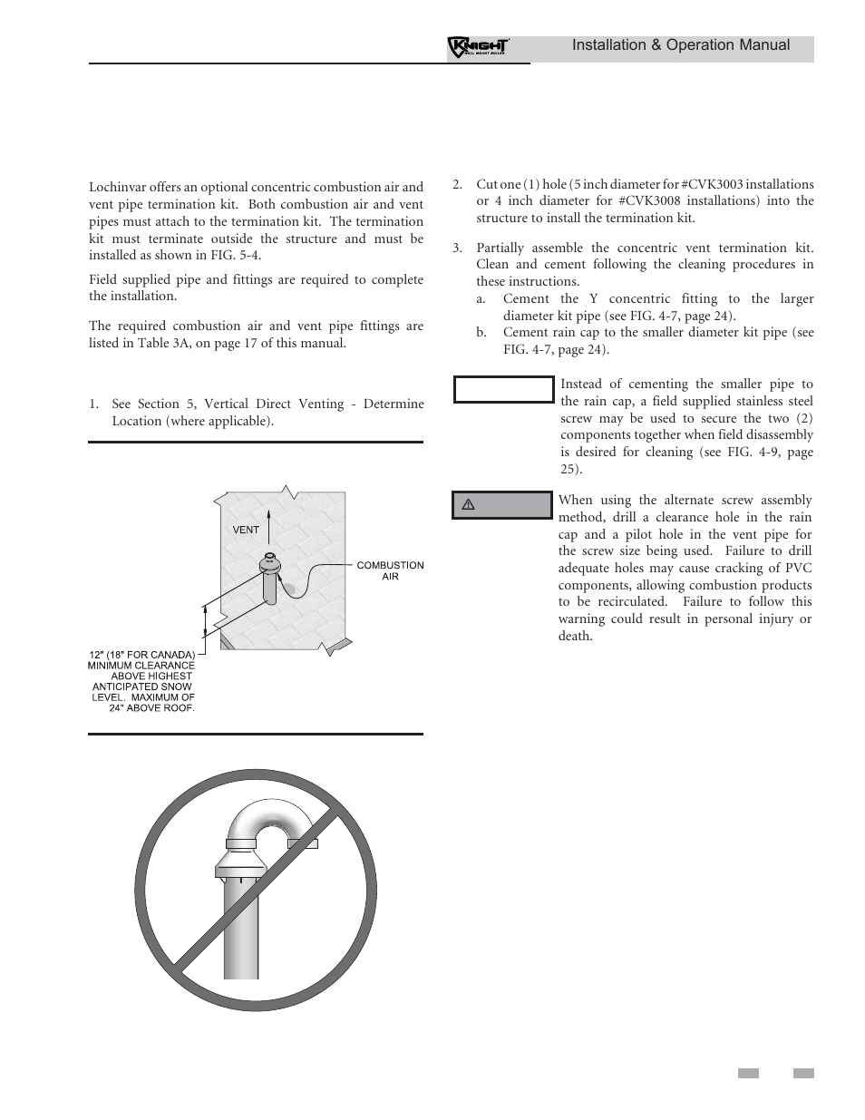 Vertical direct venting, Vertical termination – optional concentric vent | Lochinvar KNIGHT WH 55 - 399 User Manual | Page 29 / 80