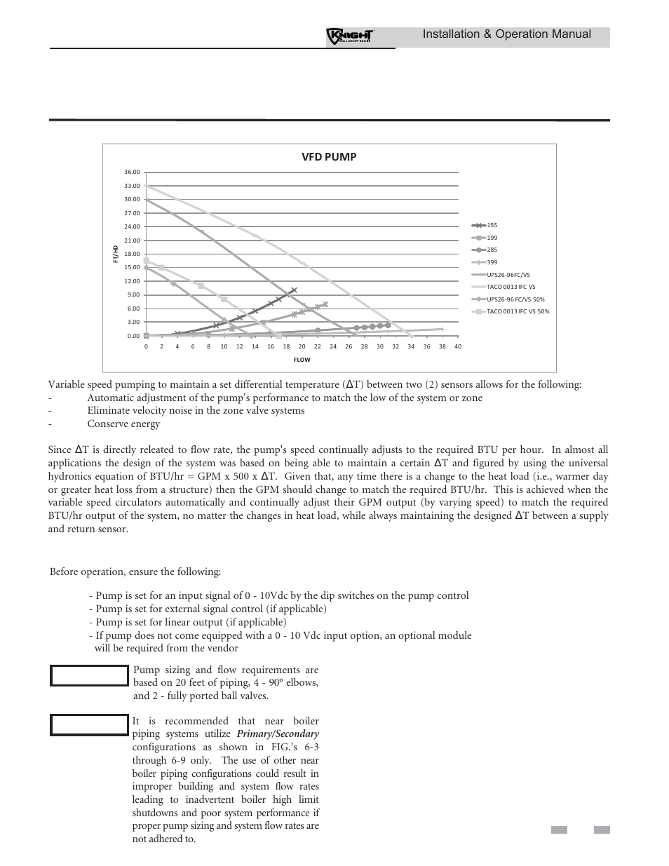 Hydronic piping, Variable speed pump option, Installation & operation manual | Vfd pump | Lochinvar KNIGHT WH 55 - 399 User Manual | Page 37 / 80