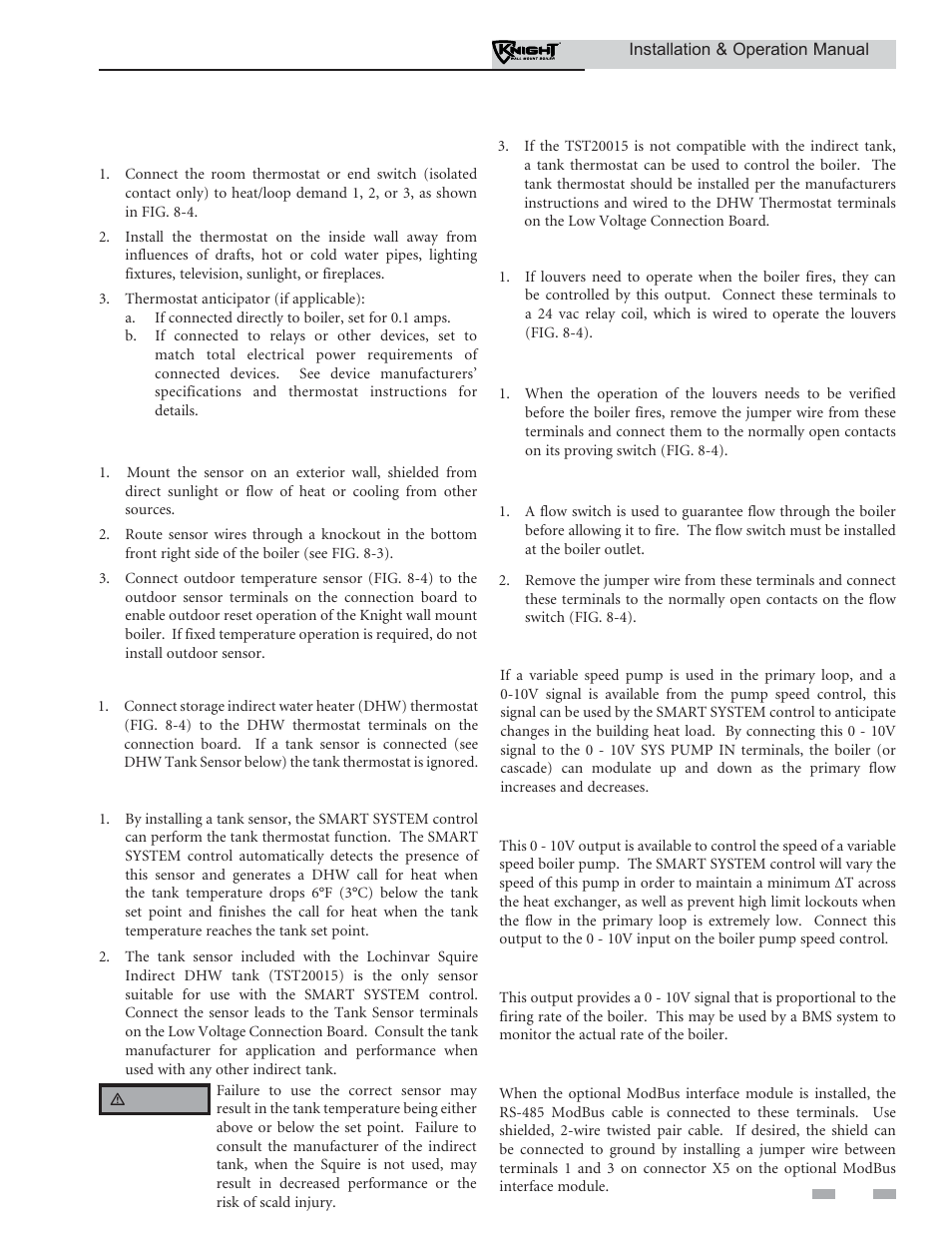 Field wiring, Thermostat, Outdoor temperature sensor | Dhw thermostat, Louver relay, Louver proving switch, Flow switch, Dhw tank sensor, Variable speed system pump, Boiler pump speed output | Lochinvar KNIGHT WH 55 - 399 User Manual | Page 53 / 80