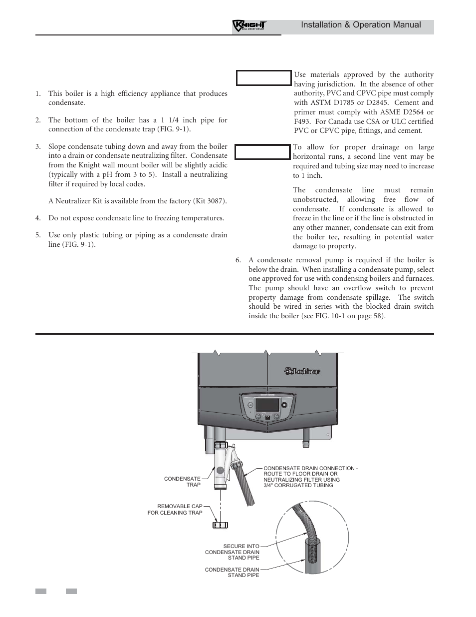 Condensate disposal, Condensate drain | Lochinvar KNIGHT WH 55 - 399 User Manual | Page 56 / 80