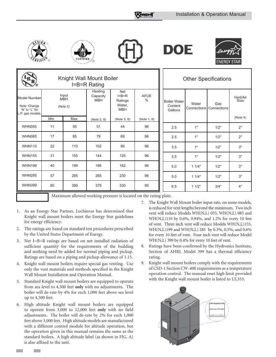 Ratings, Knight wall mount boiler i=b=r rating, Other specifications | Installation & operation manual | Lochinvar KNIGHT WH 55 - 399 User Manual | Page 6 / 80