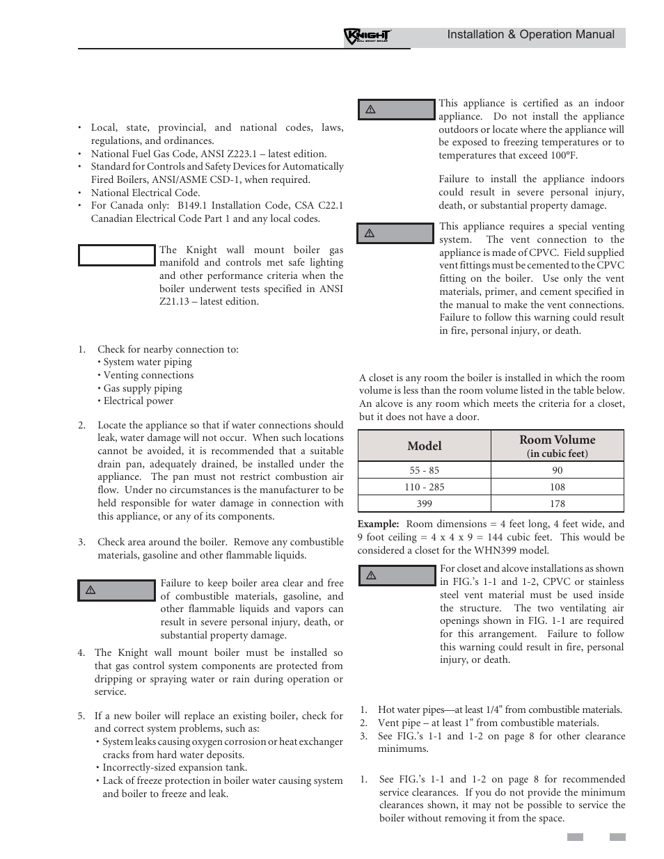 Determine boiler location | Lochinvar KNIGHT WH 55 - 399 User Manual | Page 7 / 80