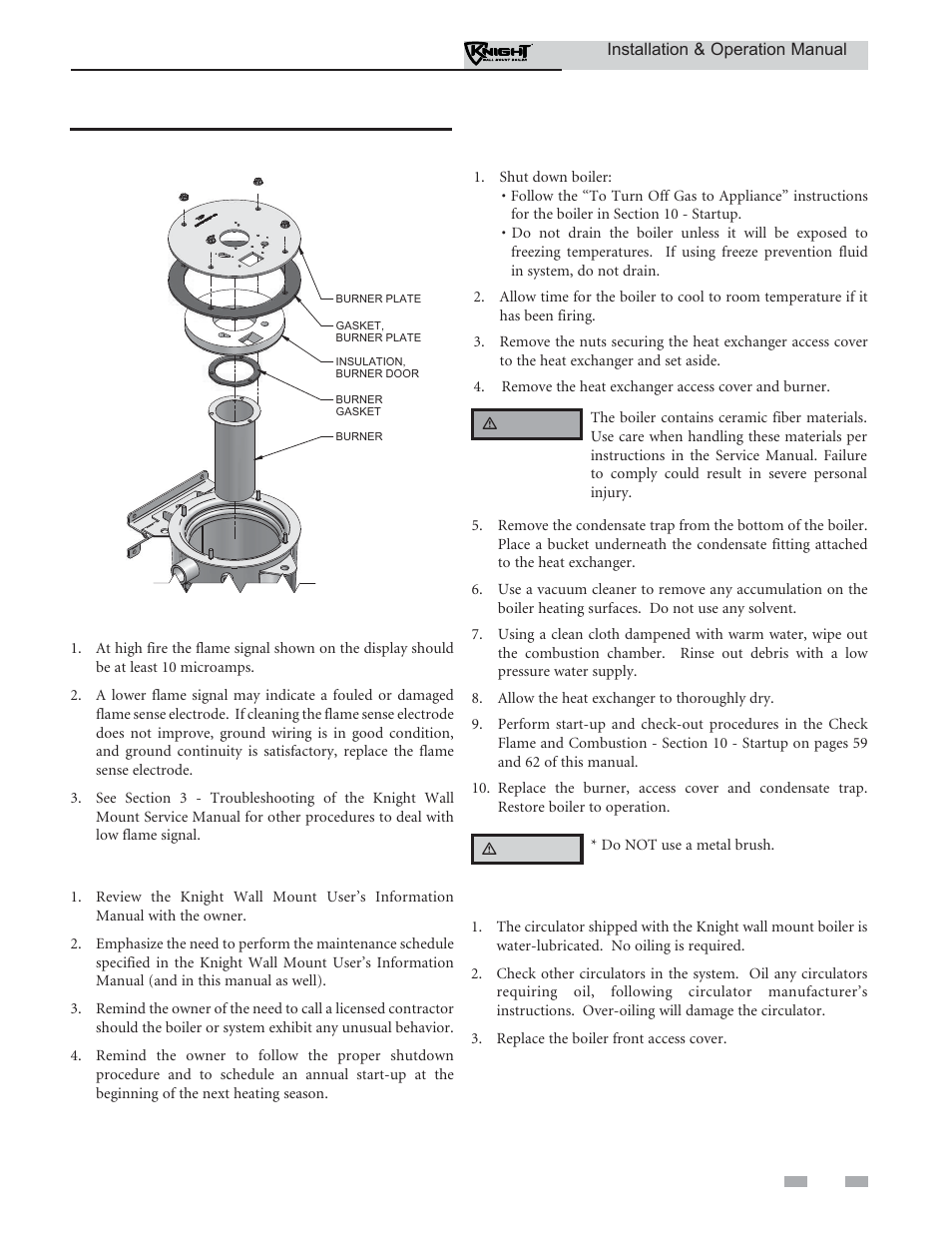 Maintenance, Check flame signal, Review with owner | Oiled bearing circulators, Cleaning boiler heat exchanger | Lochinvar KNIGHT WH 55 - 399 User Manual | Page 77 / 80