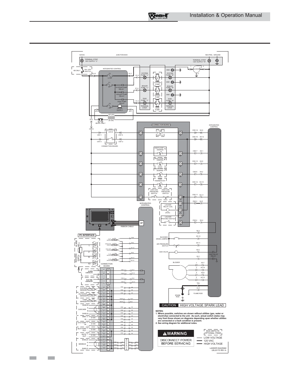 Diagrams, Installation & operation manual, Figure 13-1 ladder diagram | Caution high voltage spark lead | Lochinvar KNIGHT WH 55 - 399 User Manual | Page 78 / 80