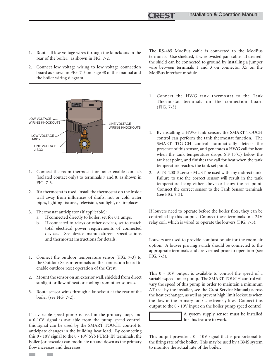 Field wiring, Low voltage connections, Enable | Outdoor temperature sensor, Variable speed system pump, Modbus, Hot water generator (hwg) thermostat, Hot water generator (hwg) tank sensor, Louver relay, Louver proving switch | Lochinvar CREST 3.5 User Manual | Page 36 / 60