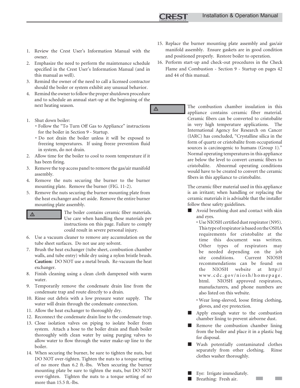 Maintenance, Cleaning boiler heat exchanger, Handling ceramic fiber materials | Review with owner | Lochinvar CREST 3.5 User Manual | Page 57 / 60