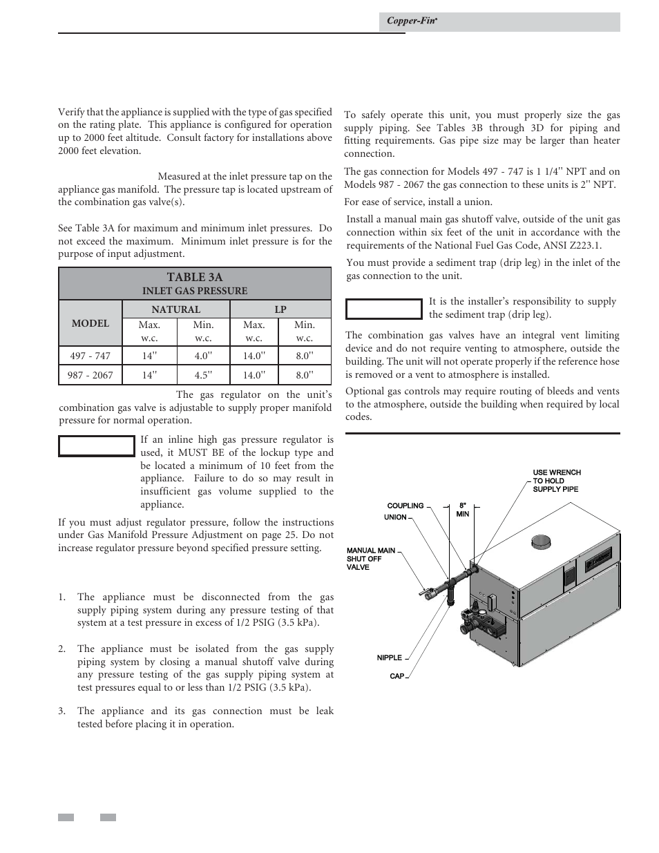 Gas connections, Connecting to gas supply, Gas pressure test | Gas piping | Lochinvar COPPER-FIN 497 - 2067 User Manual | Page 22 / 68