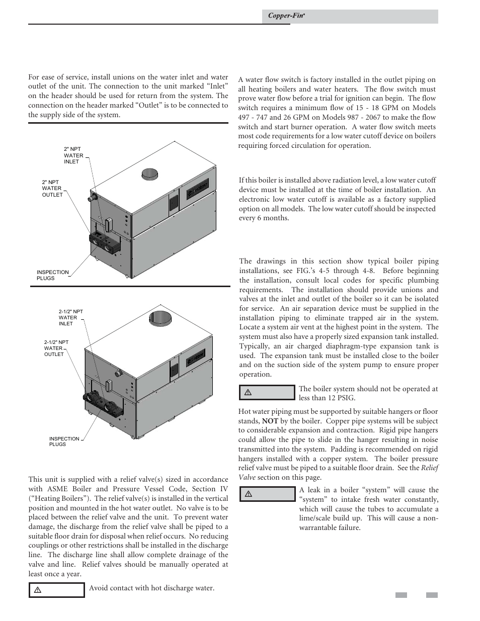 Need new image, Water connections, Inlet and outlet connections | Relief valve, Water flow switch, Low water cutoff, Heating boiler installations | Lochinvar COPPER-FIN 497 - 2067 User Manual | Page 27 / 68