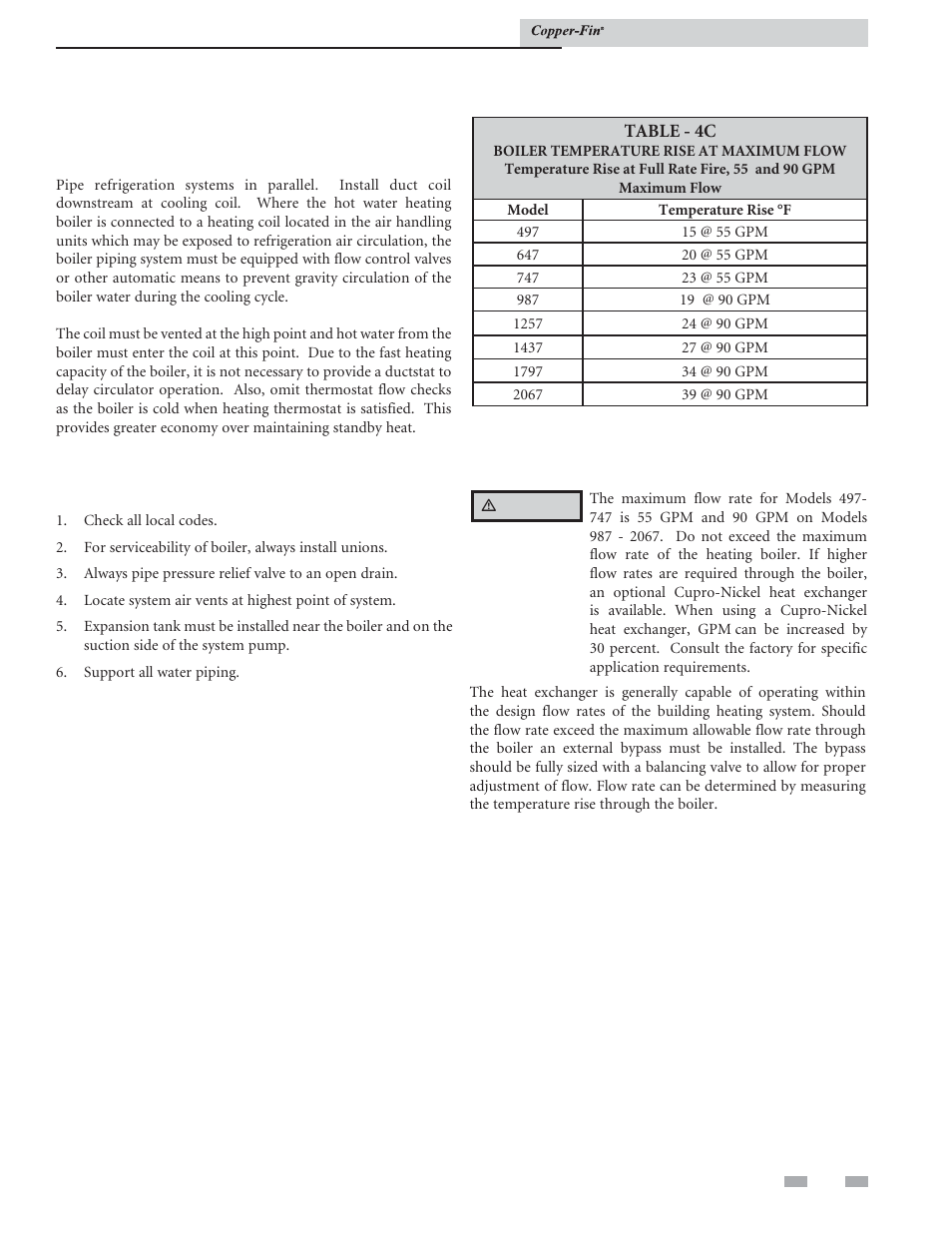 Water connections, Installation with a chilled water system, Boiler flow rate | Lochinvar COPPER-FIN 497 - 2067 User Manual | Page 35 / 68