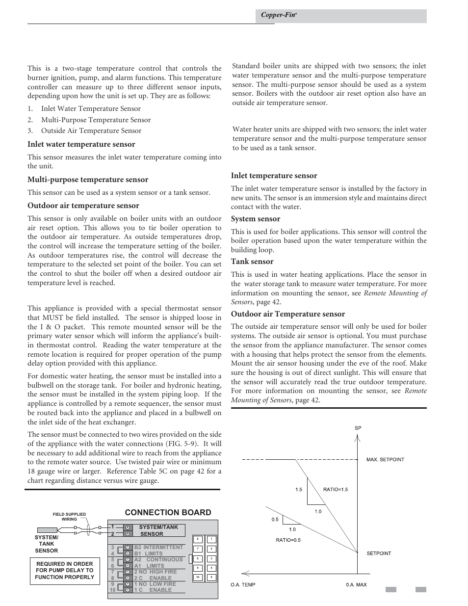 Electrical connections, Temperature control sensors, Inlet water temperature sensor | Multi-purpose temperature sensor, Outdoor air temperature sensor, Boiler application, Water heater application, Placement of sensors inlet temperature sensor, System sensor, Tank sensor | Lochinvar COPPER-FIN 497 - 2067 User Manual | Page 41 / 68