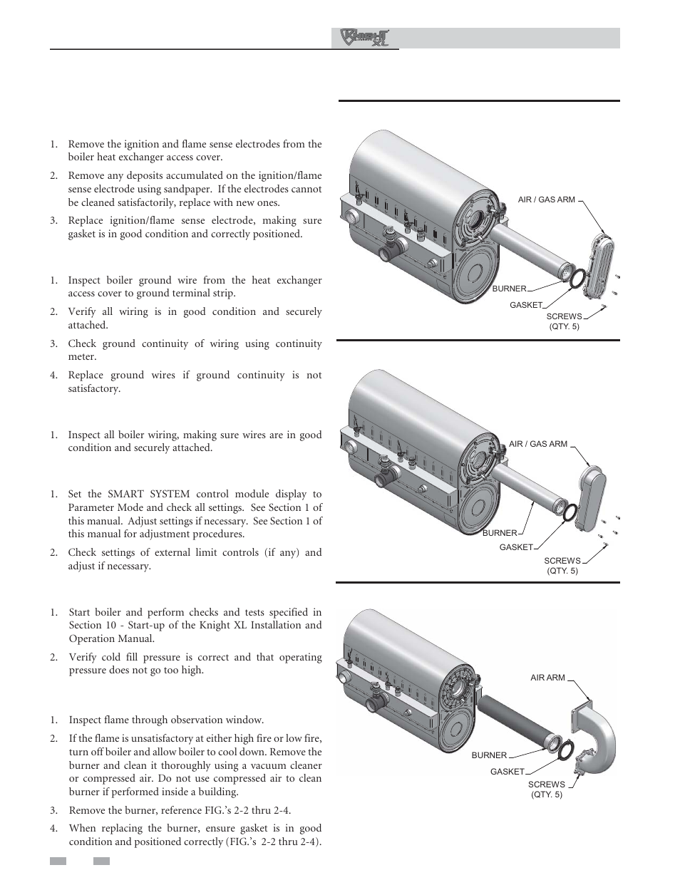 Maintenance, Inspect ignition and flame sense electrodes, Check ignition ground wiring | Check all boiler wiring, Check control settings, Perform start-up and checks, Check burner flame | Lochinvar 400-801 User Manual | Page 30 / 48