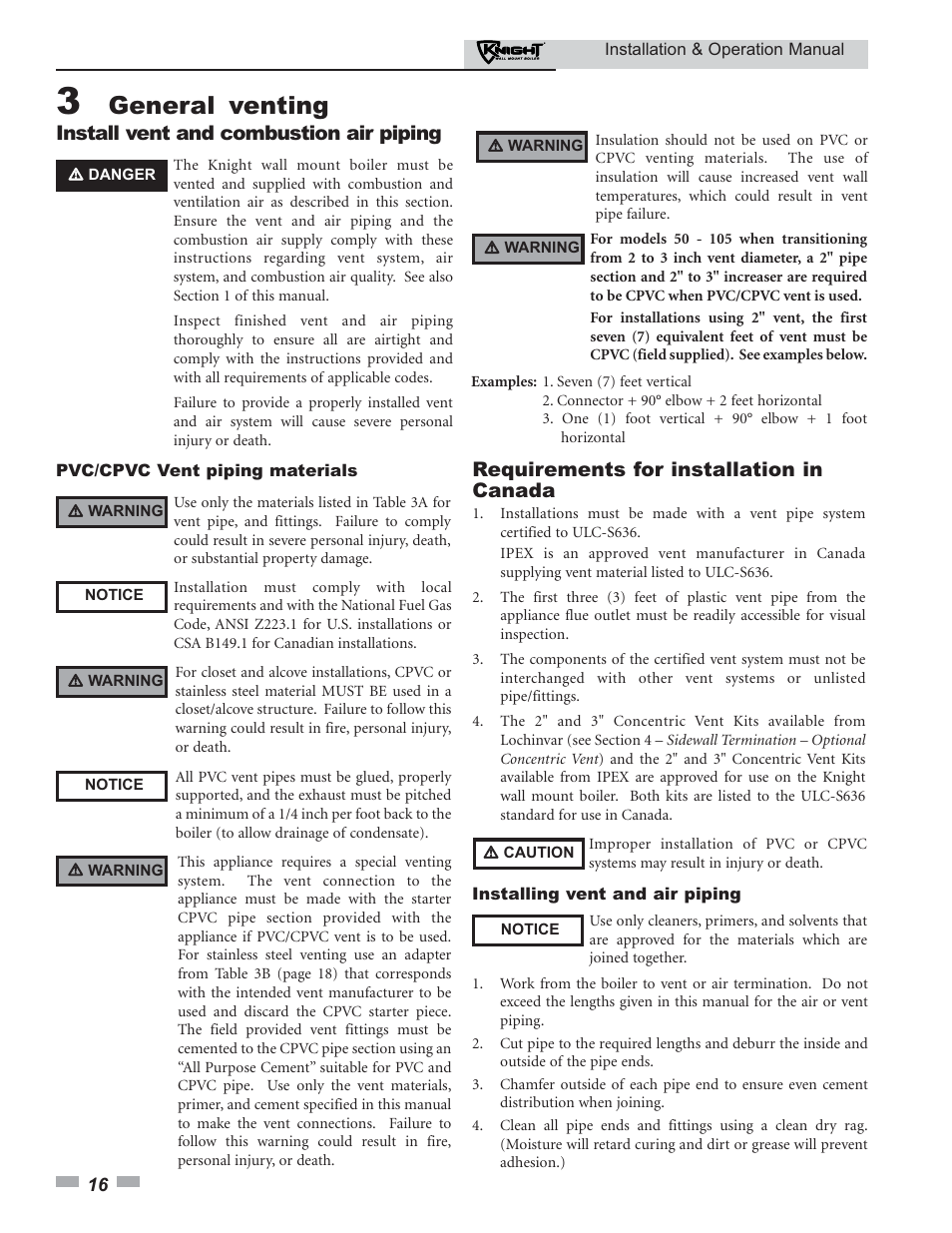 General venting, Install vent and combustion air piping, Requirements for installation in canada | Lochinvar KNIGHT 51 User Manual | Page 16 / 80