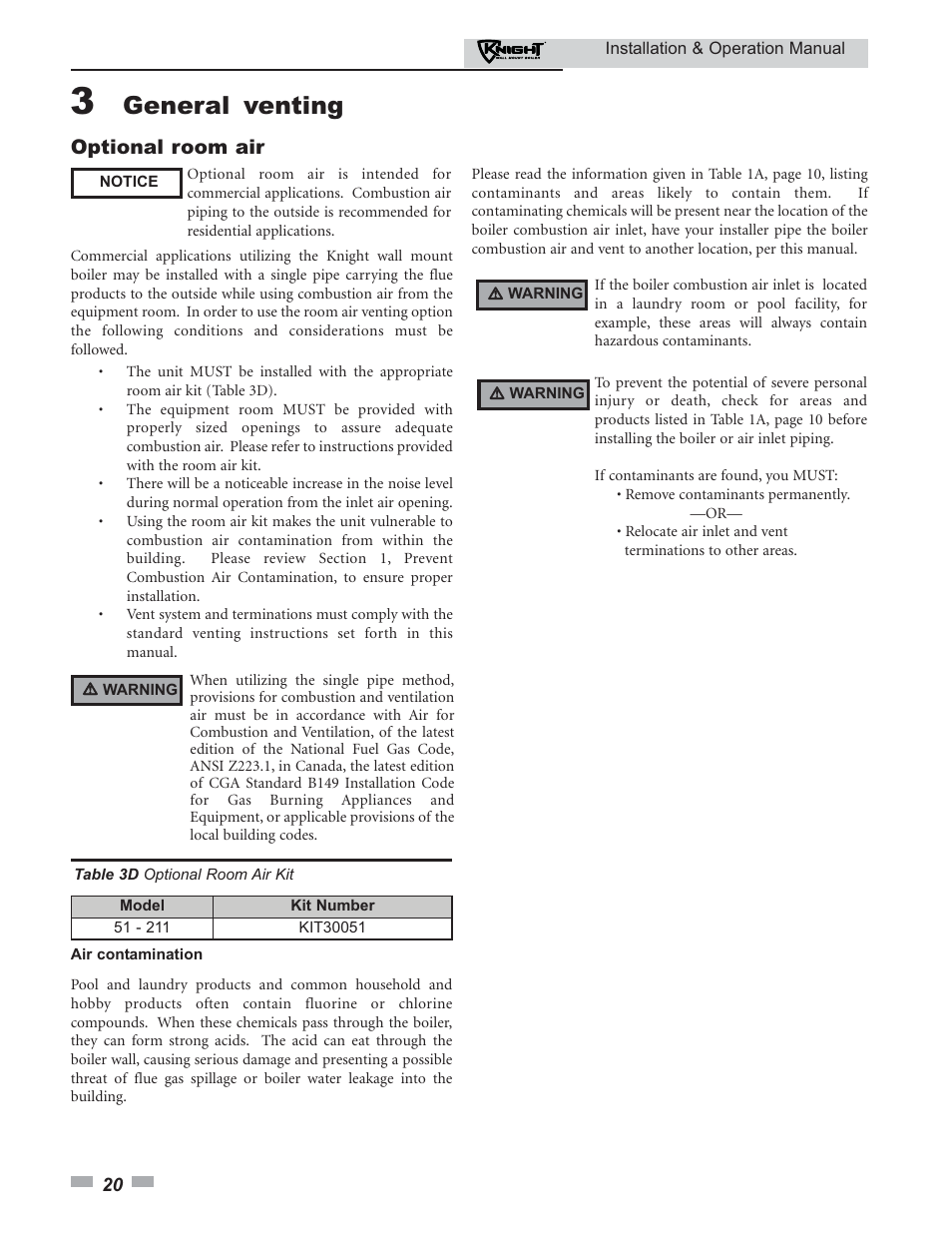 General venting, Optional room air | Lochinvar KNIGHT 51 User Manual | Page 20 / 80