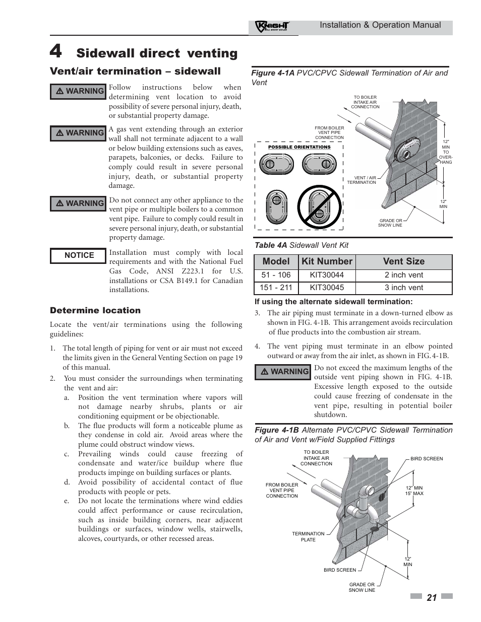 Sidewall direct venting, Vent/air termination – sidewall, Model kit number vent size | Determine location, Installation & operation manual | Lochinvar KNIGHT 51 User Manual | Page 21 / 80