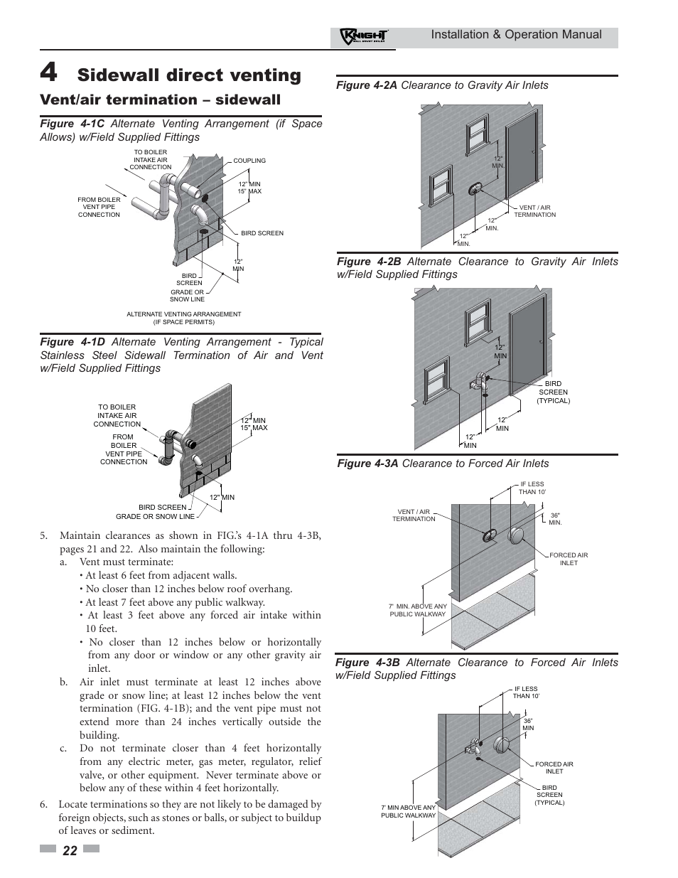 Sidewall direct venting, Vent/air termination – sidewall, Installation & operation manual | Figure 4-2a clearance to gravity air inlets | Lochinvar KNIGHT 51 User Manual | Page 22 / 80