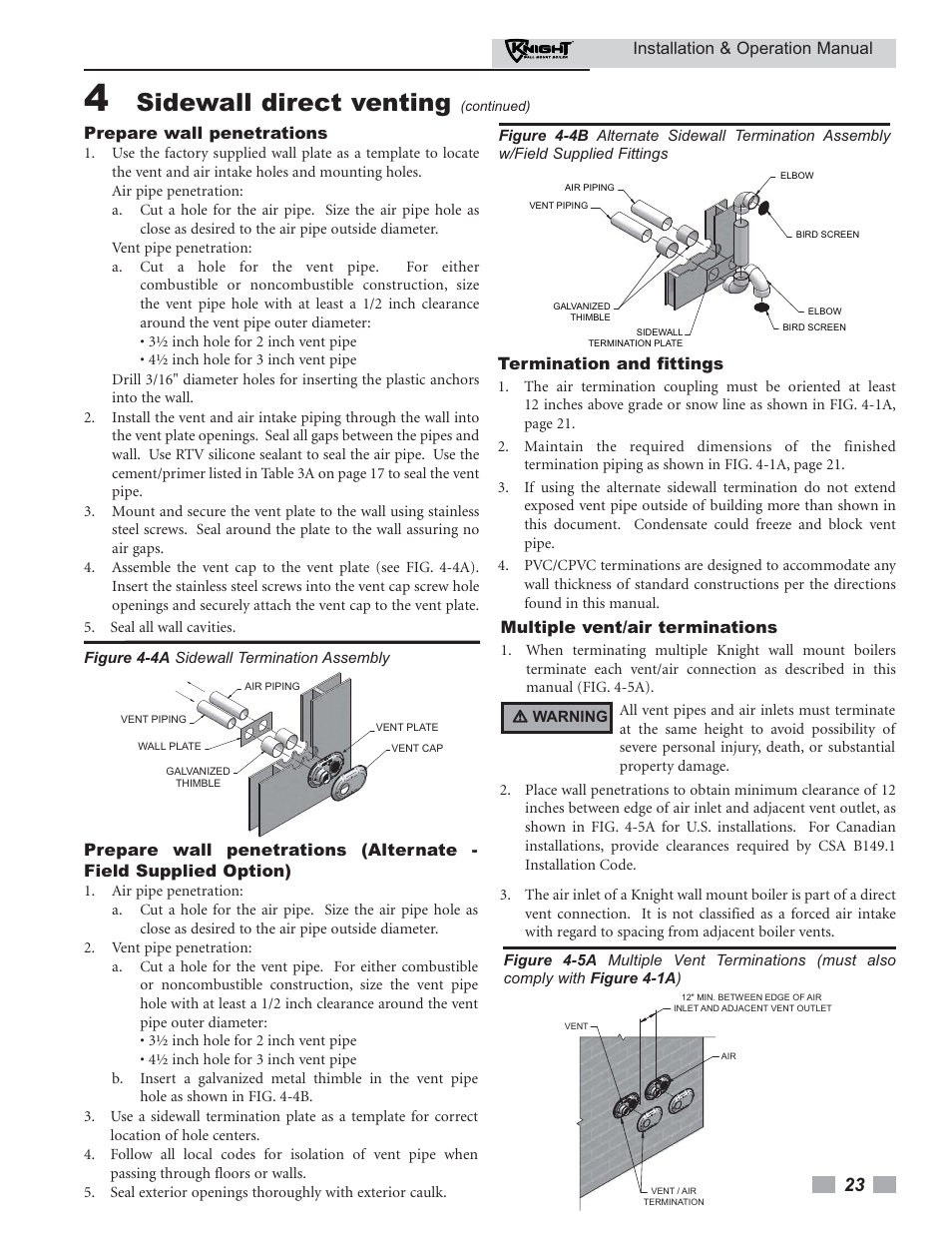 Sidewall direct venting | Lochinvar KNIGHT 51 User Manual | Page 23 / 80