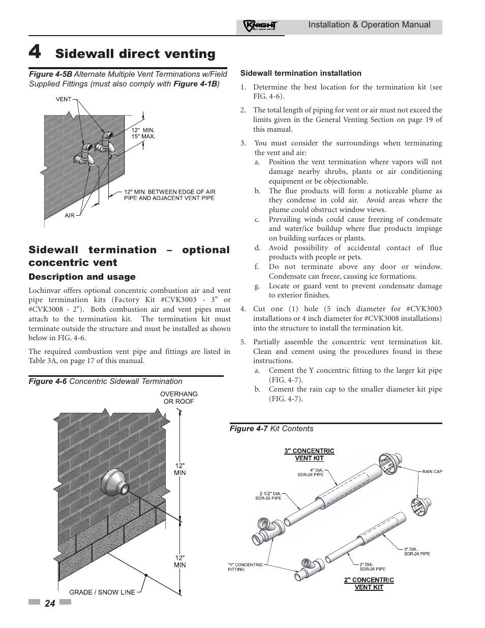 Sidewall direct venting, Sidewall termination – optional concentric vent | Lochinvar KNIGHT 51 User Manual | Page 24 / 80