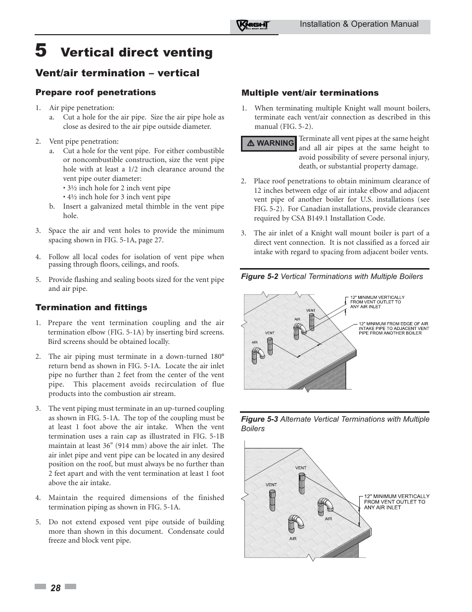 Vertical direct venting, Vent/air termination – vertical | Lochinvar KNIGHT 51 User Manual | Page 28 / 80