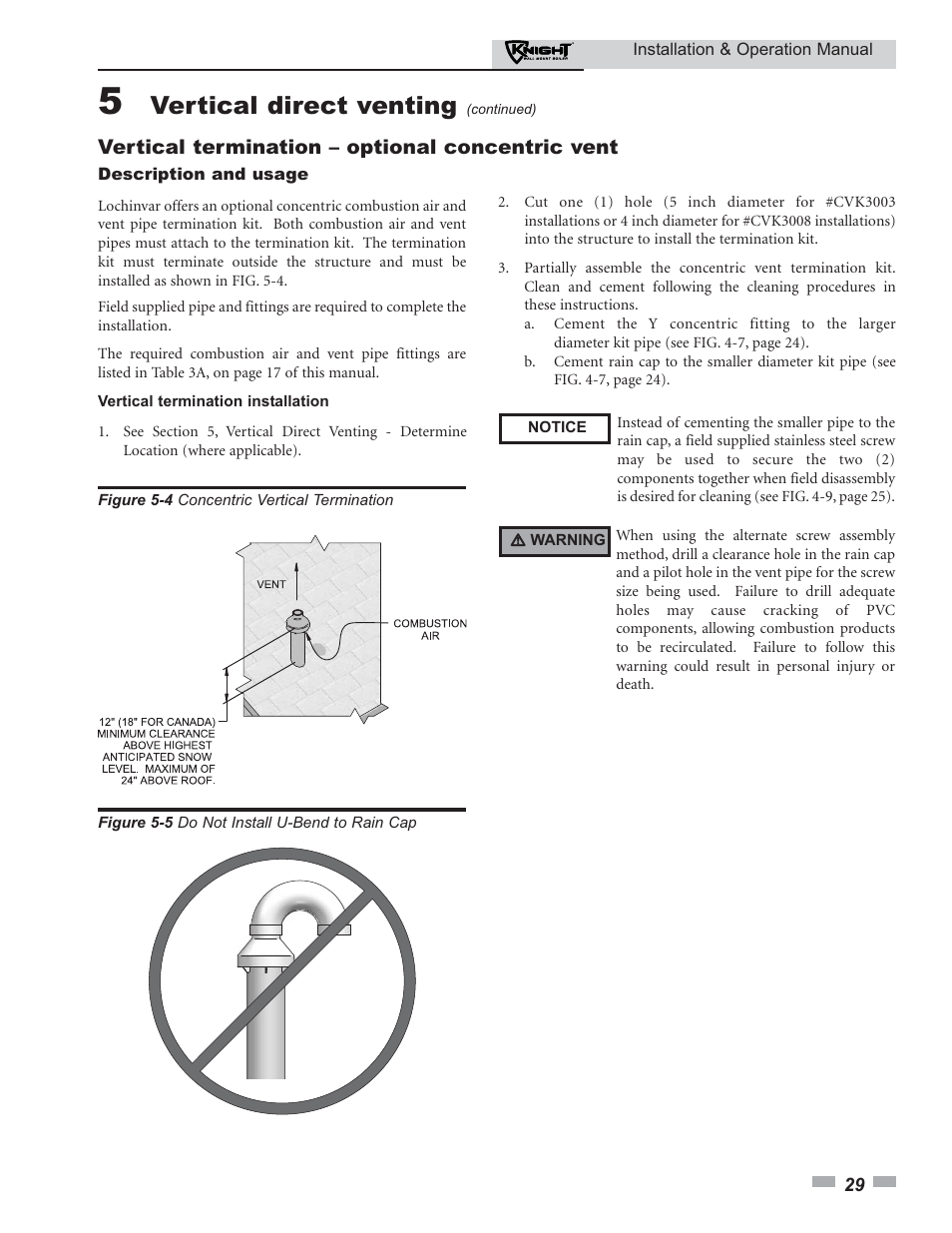 Vertical direct venting, Vertical termination – optional concentric vent | Lochinvar KNIGHT 51 User Manual | Page 29 / 80