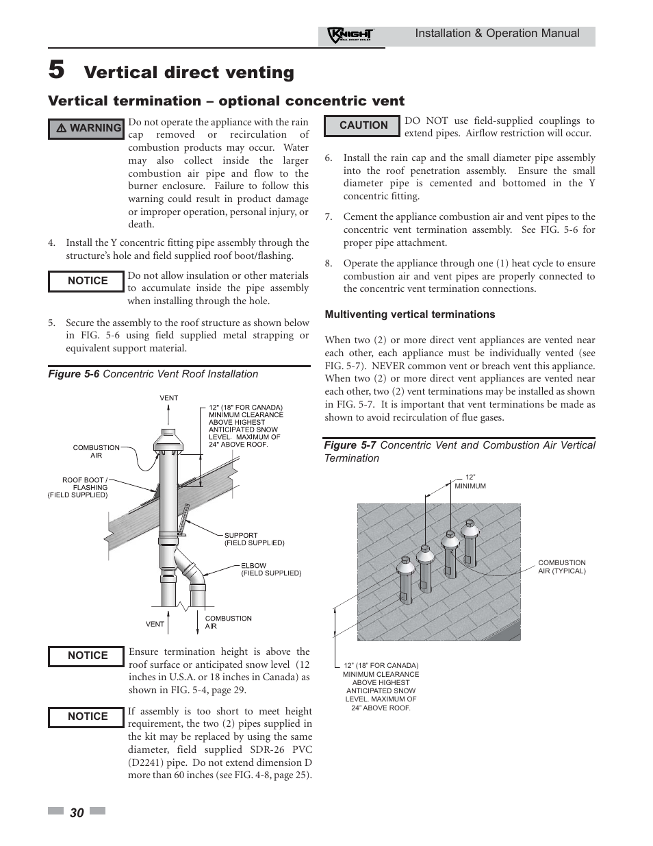 Vertical direct venting, Vertical termination – optional concentric vent | Lochinvar KNIGHT 51 User Manual | Page 30 / 80