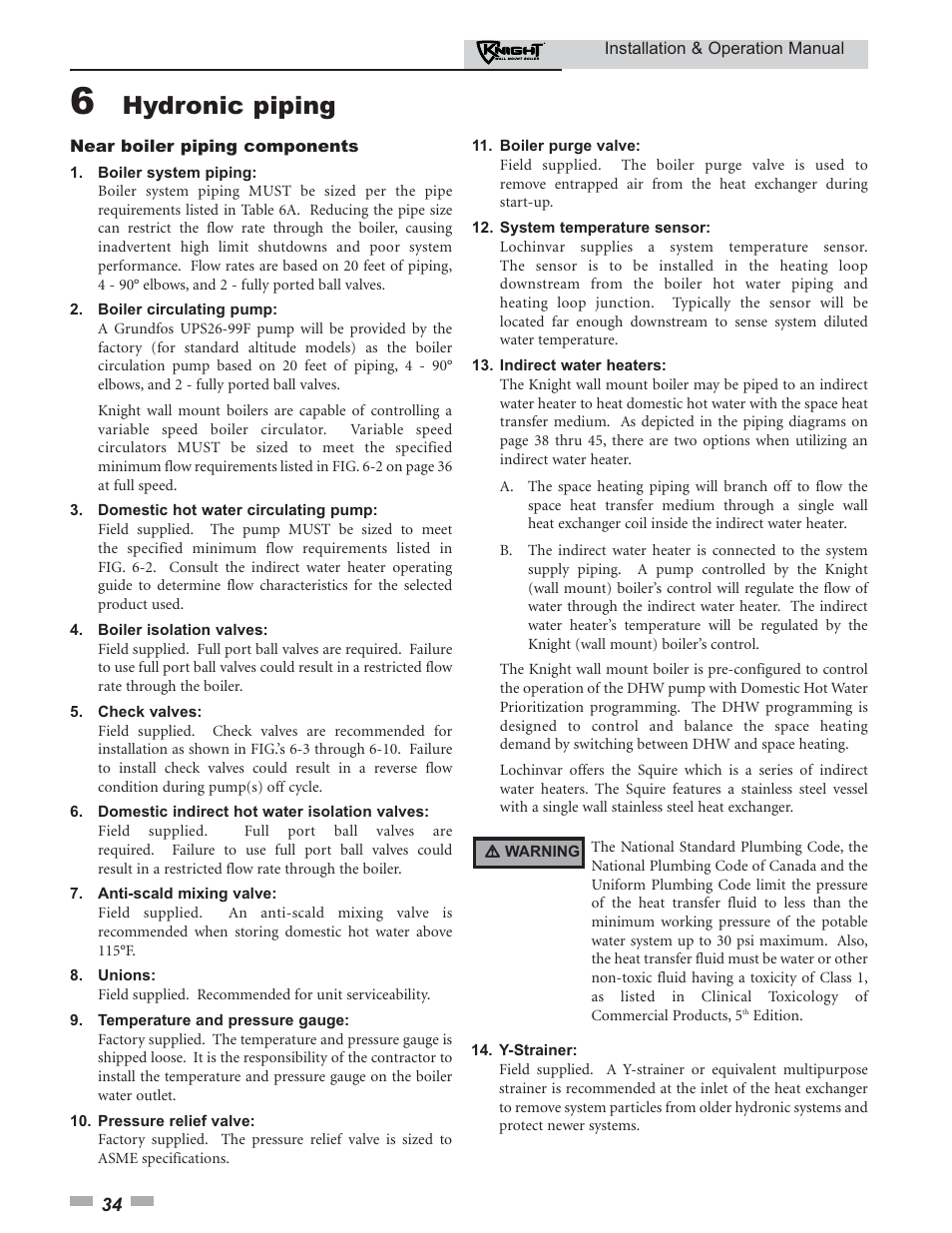 Hydronic piping | Lochinvar KNIGHT 51 User Manual | Page 34 / 80