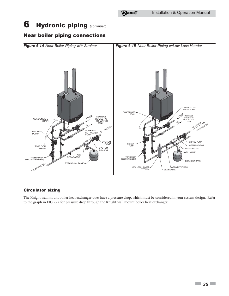 Hydronic piping, Near boiler piping connections, Installation & operation manual | Circulator sizing, Figure 6-1a near boiler piping w/y-strainer, Figure 6-1b near boiler piping w/low loss header, Continued) | Lochinvar KNIGHT 51 User Manual | Page 35 / 80