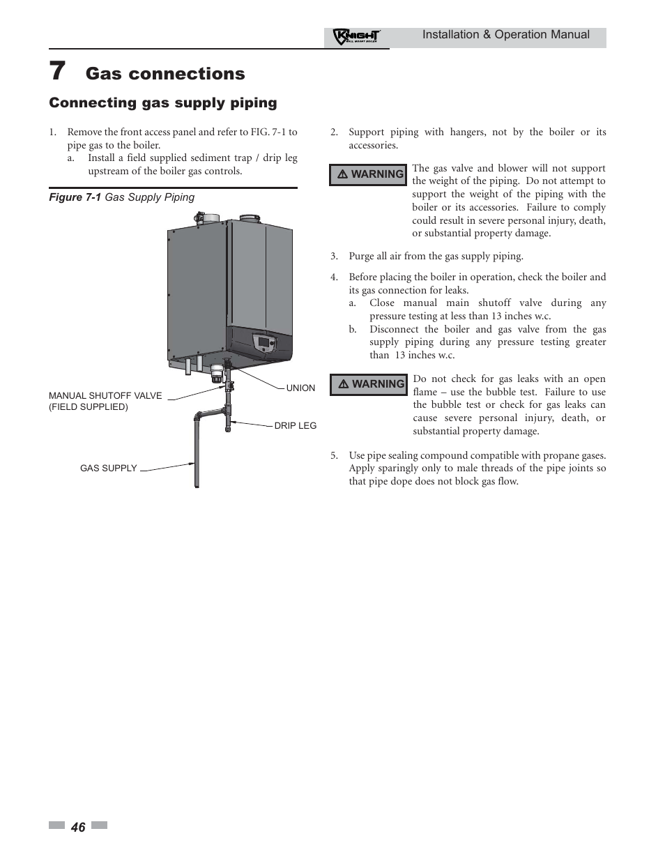 Gas connections, Connecting gas supply piping | Lochinvar KNIGHT 51 User Manual | Page 46 / 80