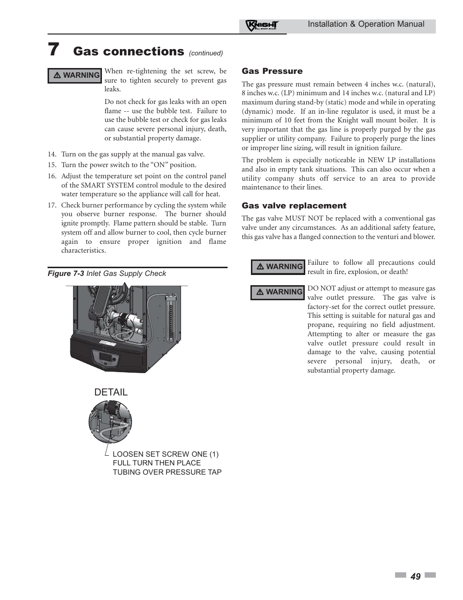 Gas connections | Lochinvar KNIGHT 51 User Manual | Page 49 / 80