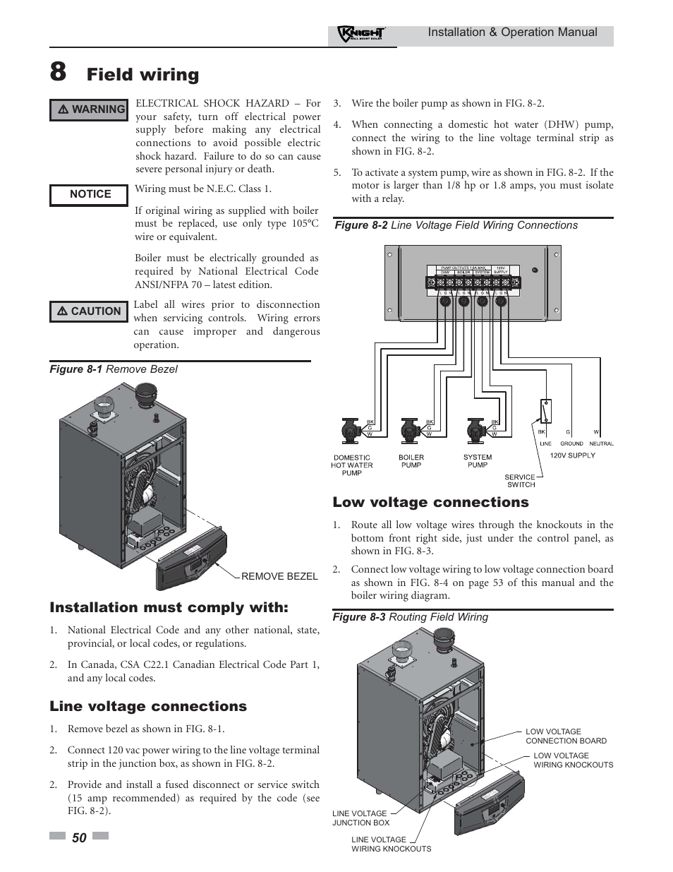 Field wiring, Installation must comply with, Low voltage connections | Line voltage connections | Lochinvar KNIGHT 51 User Manual | Page 50 / 80