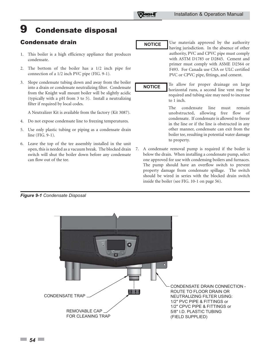 Condensate disposal, Condensate drain | Lochinvar KNIGHT 51 User Manual | Page 54 / 80