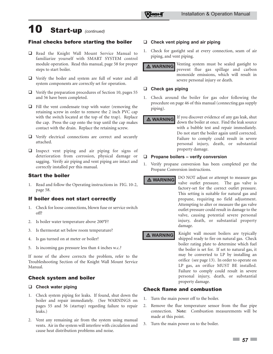 Start-up | Lochinvar KNIGHT 51 User Manual | Page 57 / 80