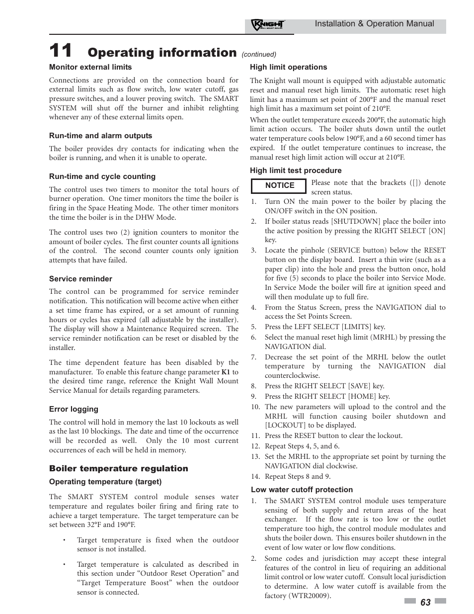 Operating information | Lochinvar KNIGHT 51 User Manual | Page 63 / 80