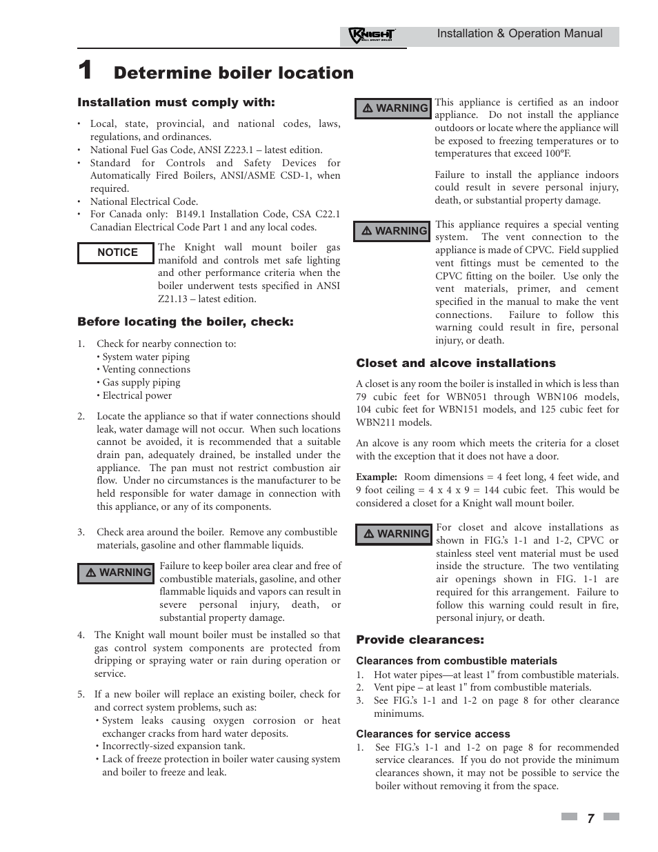 Determine boiler location | Lochinvar KNIGHT 51 User Manual | Page 7 / 80