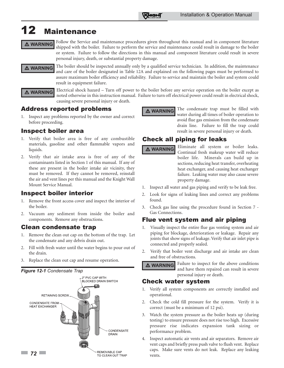 Maintenance, Address reported problems, Inspect boiler area | Inspect boiler interior, Clean condensate trap, Check all piping for leaks, Flue vent system and air piping, Check water system | Lochinvar KNIGHT 51 User Manual | Page 72 / 80