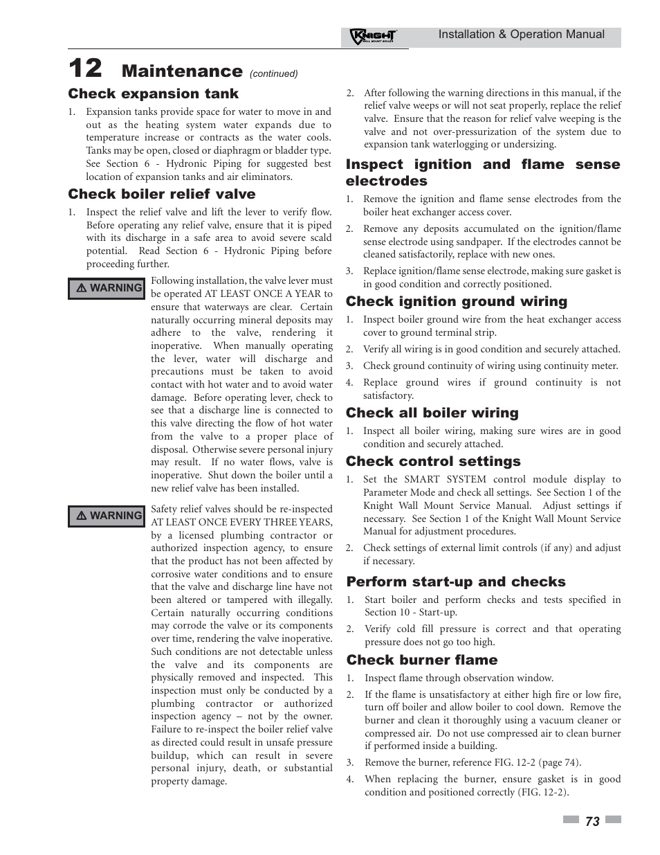 Maintenance, Check expansion tank, Check boiler relief valve | Inspect ignition and flame sense electrodes, Check ignition ground wiring, Check all boiler wiring, Check control settings, Perform start-up and checks, Check burner flame | Lochinvar KNIGHT 51 User Manual | Page 73 / 80