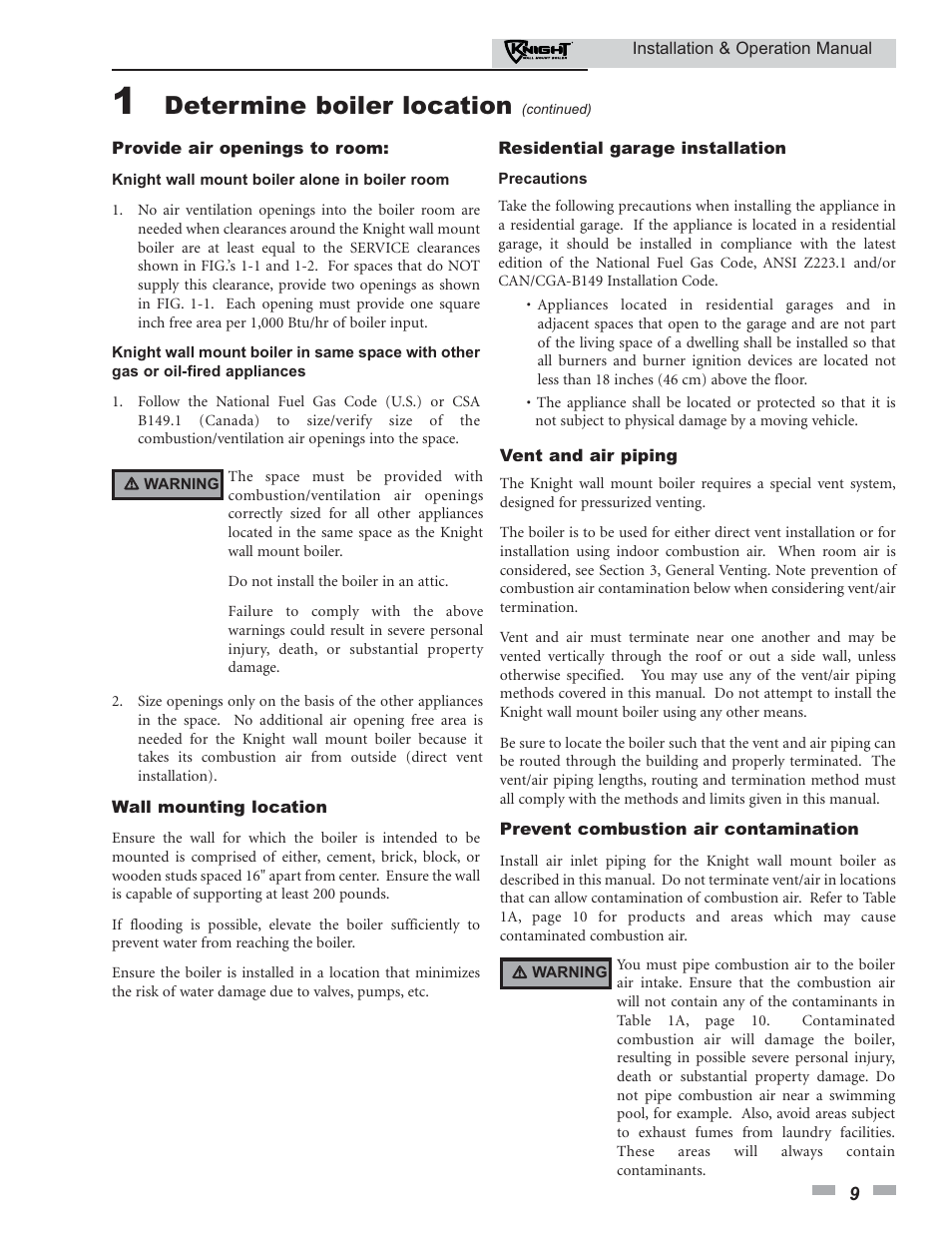 Determine boiler location | Lochinvar KNIGHT 51 User Manual | Page 9 / 80