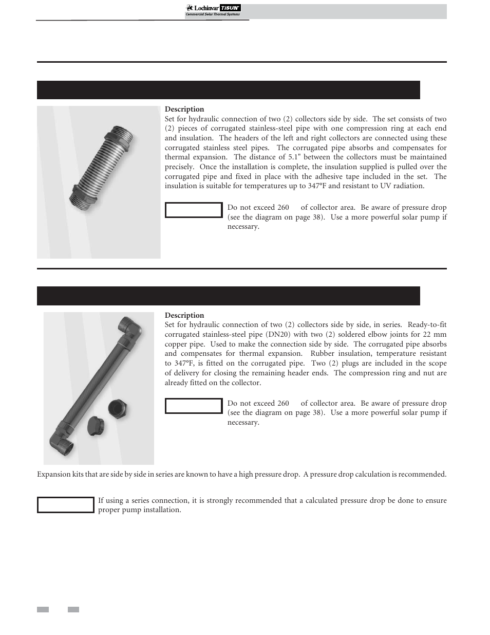 Hydraulic connections, Connection expansion set, side by side, parallel, Connection expansion set, side by side, series | Lochinvar TISUN SCH-I-O User Manual | Page 38 / 44