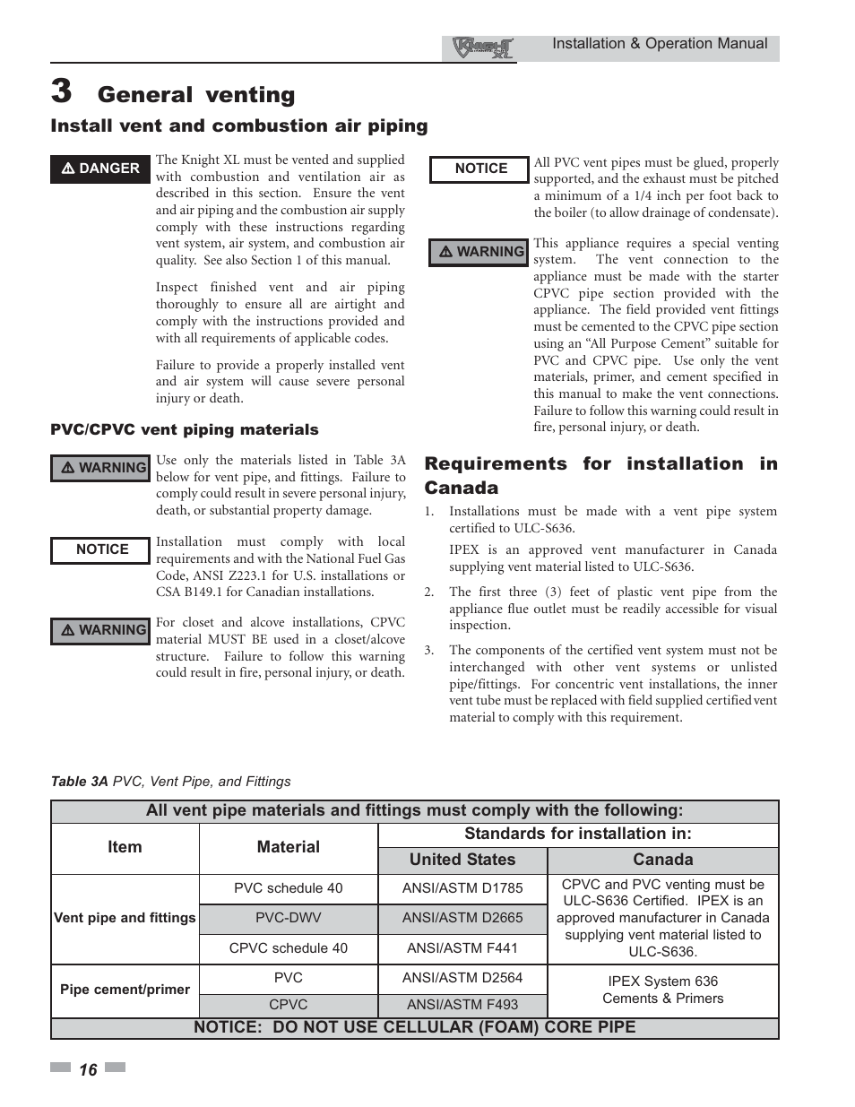 General venting, Install vent and combustion air piping, Requirements for installation in canada | Lochinvar Knight XL 399 - 800 User Manual | Page 16 / 72