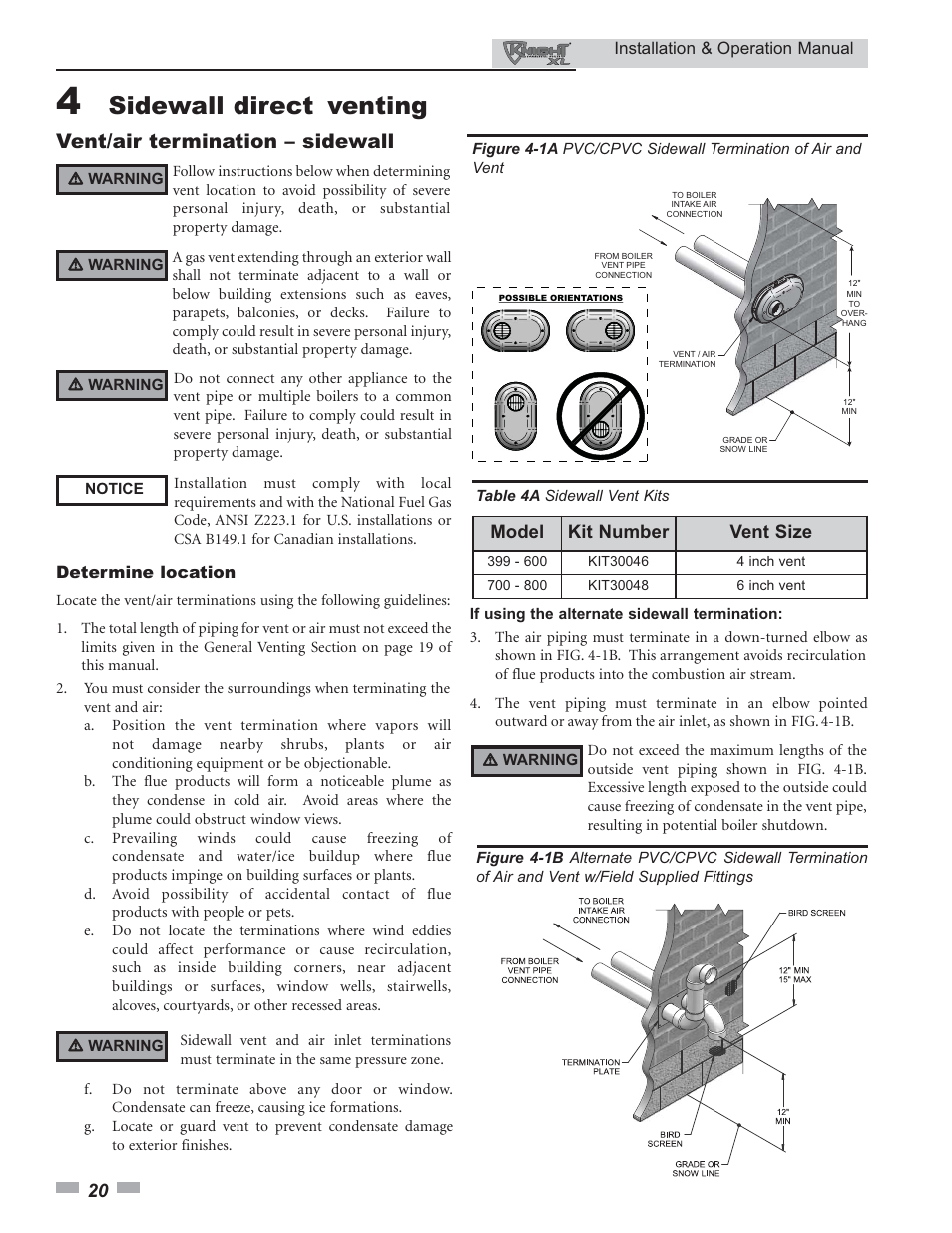 Sidewall direct venting, Vent/air termination – sidewall, Model kit number vent size | Lochinvar Knight XL 399 - 800 User Manual | Page 20 / 72