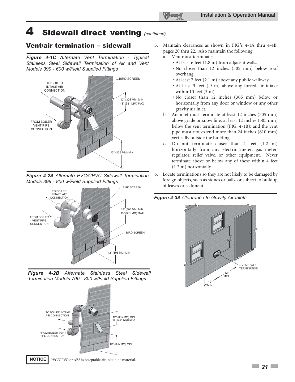 Sidewall direct venting, Vent/air termination – sidewall, Installation & operation manual | Lochinvar Knight XL 399 - 800 User Manual | Page 21 / 72