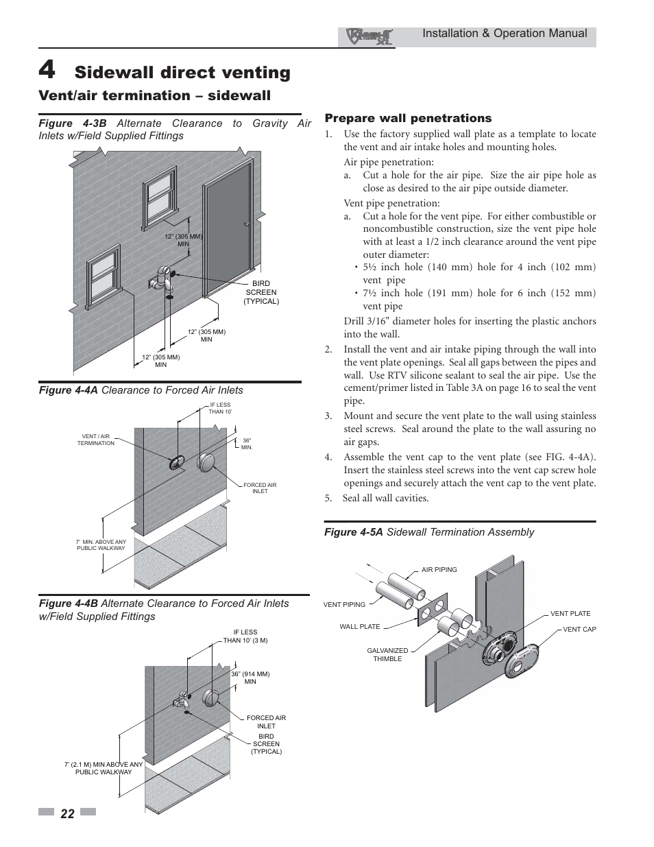 Sidewall direct venting, Vent/air termination – sidewall, Installation & operation manual | Prepare wall penetrations | Lochinvar Knight XL 399 - 800 User Manual | Page 22 / 72