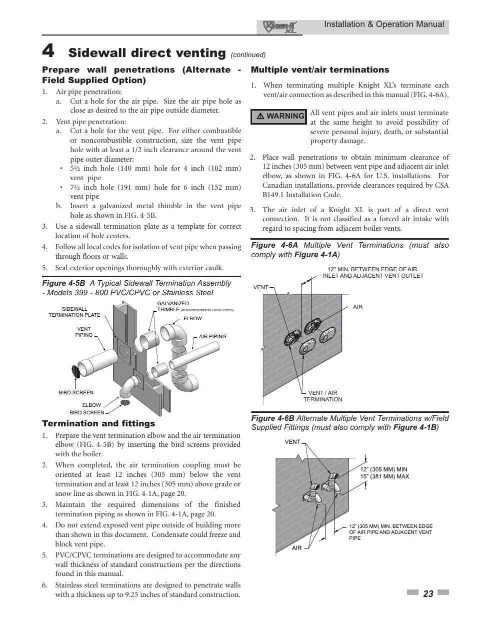 Sidewall direct venting | Lochinvar Knight XL 399 - 800 User Manual | Page 23 / 72